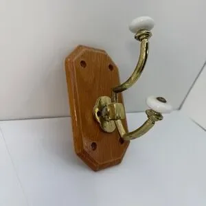 Wall Decor | Vintage Brass And Ceramic Double Wall Hook On Oak Wood ...